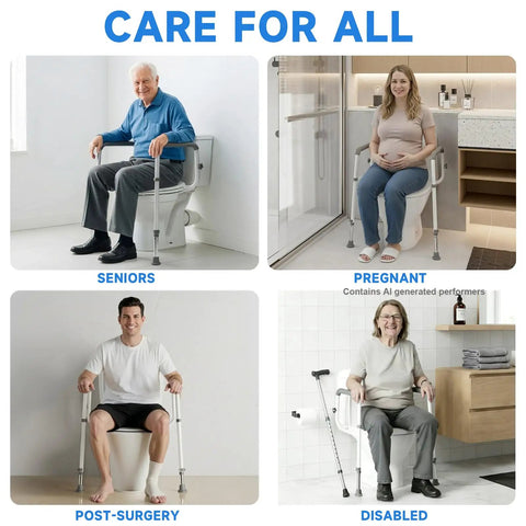 Adjustable Toilet Safety Rails For Seniors With Locking Mounts To Seat Holes For A Rock Solid Base That Eliminates Wobble While Providing Reliable Support For Standing And Sitting To Keep Mobility Impaired Users Safe And Secure Inside The Bathroom with seniors, pregnant, post-surgery, and disabled users shown.