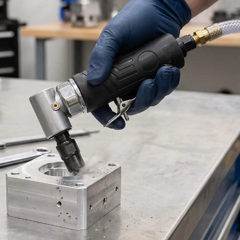 90 Degree Right Angle Pneumatic Air Die Grinder With Textured Non Slip Grip Built Tough For Sweet Access On Tight Jobs Auto Detailing And Heavy Duty Mold Trimming in use on aluminum block.