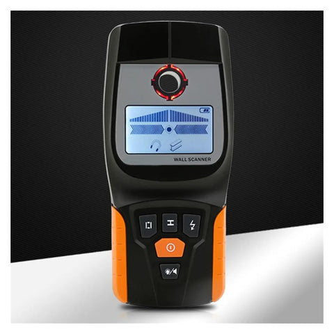 Pro-Grade 3-In-1 Wall Stud Finder Scanner showing bright digital readout, featuring anti-slip body for easy use behind walls.