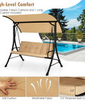 Three Person Porch Swing With Removable Cushions, Solid Steel Frame, Outdoor Patio Swing With Adjustable Canopy for poolside.