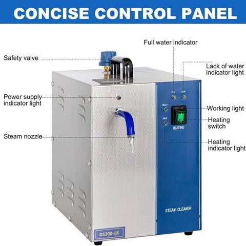 Professional Jewelry Steam Cleanser With Rustproof Steel Tank 2200 Watt Machine control panel showing steam nozzle and indicators.