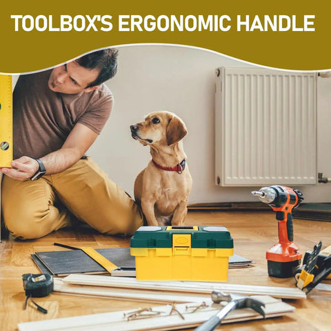 Super Slick Portable Plastic Toolbox Storage Case For Snagging Hardware And Organizing Nifty Knacks During Serious Home Reno Projects Or Long Highway Drives with ergonomic handle and dog nearby