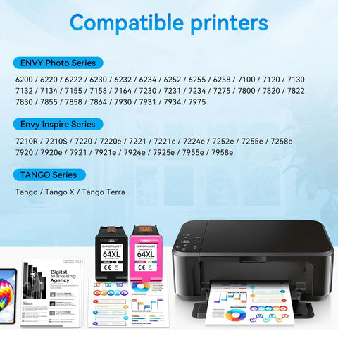 64XL Ink Cartridges Black And Color Combo Pack For 64 High Yield Replacement 2 Pack For Envy Inspire 7955e printers shown next to printer.