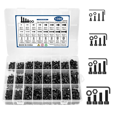 Heavy Gauge Metric Hex Socket Screw Kit With M2 M3 M4 M5 Bolts Matching Nuts And Flat Washers organized in clear storage box.