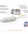Weatherproof Extension Cord Connection Protector Keeps Plugs Snug And Secure Indoors And Outdoors Fits 18 To 12 AWG Heavy Duty Cords Seals Out Rain And Dirt No Bulky Box Made In USA Everywhere with CordSafe label and USA emblem.