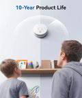 Top Shelf Photoelectric Smoke Detector With 9V Battery Operation And Ultra Sensitive Slow Smoldering Fire Alert installed above children observing items on shelf.