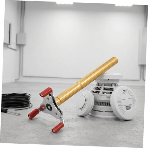 Slick Aluminum Smoke Sensor Removal Tool For Ceilings Universal Fire Alarm Disassembly Grip with red grips beside smoke detector.