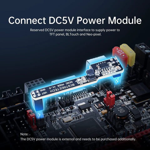 Connect DC5V Power Module interface on 32Bit SKR V1.4 Turbo Control Board for FDM printers with highlighted connections.