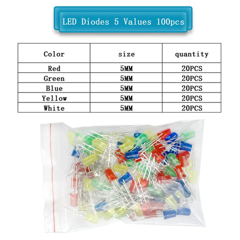 Badass Electronic Component Kit 1615 Pcs featuring 100 LED diodes in five colors, size 5MM, ideal for tinkering projects.