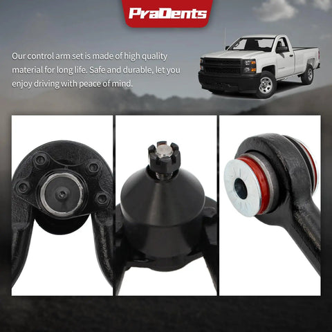 Road Ready 15 Piece Front End Suspension Kit With Plush Polyurethane Bushings And Stamped Steel Control Arms Including Lower Ball Joints For 1995 To 1999 Chevy GMC Tahoe Yukon close-up of black control arm and ball joint details.