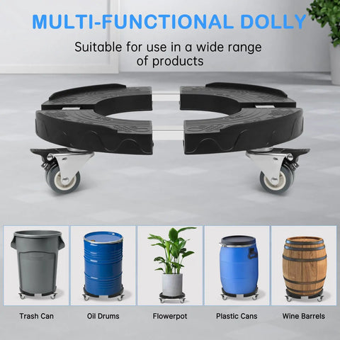 Heavy Duty Round Furniture Dolly With Adjustable 15 To 19 Inch Base and 4 Lockable Wheel Rollers 440 Pound Capacity Drum Moving Cart shown with various items.