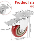 4 Pack 4 Inch Heavy Duty Swivel Caster Wheels With Locking Brakes detailed size dimensions and strong metallic mount for furniture.