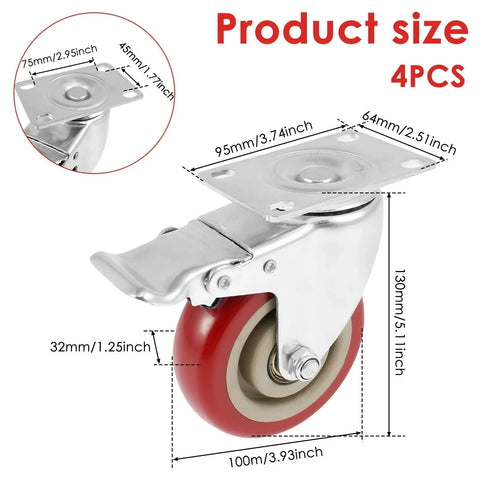 4 Pack 4 Inch Heavy Duty Swivel Caster Wheels With Locking Brakes detailed size dimensions and strong metallic mount for furniture.