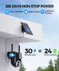 Solar Powered Outdoor Security Camera With 2K 360 Degree View Wireless WiFi Color Night Vision PIR Detection Two Way Audio Motion Alerts Easy Setup No Wires No Fuss installed on rooftop with solar panel