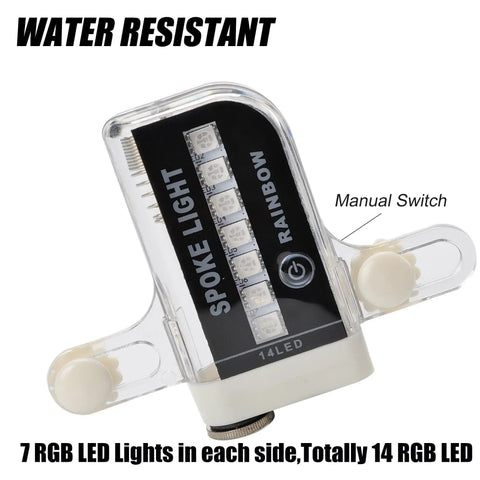Close-up of LED Bike Wheel Lights A12 with 14 RGB LEDs and manual switch, waterproof, spoke light for visibility and safety.