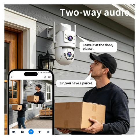 Dual Lens 4K 8MP HD PTZ Weatherproof Outdoor Security Camera WiFi with two-way audio mounted on a wall, monitoring parcel delivery.