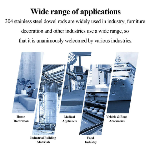 Image showing applications of 304 stainless steel dowel rods in home decoration, medical appliances, industrial materials, food industry, and vehicle accessories.