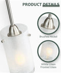 Close-up of brushed nickel finish and white frosted shade on the One Light Mini Pendant With White Frosted Shade, Brushed Nickel Finish.