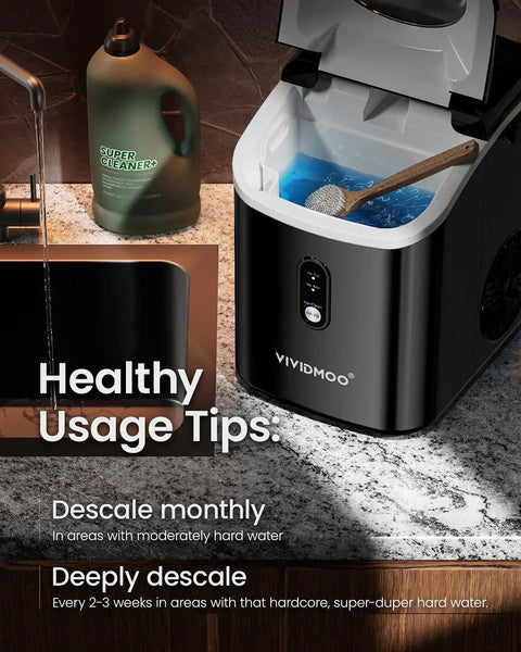 Black Nugget Ice Maker Countertop Portable Sonic Pebble Ice Maker with descaler bottle on kitchen countertop