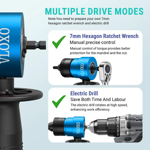 Badass Rivet Nut Drill Adapter For Standard Electric Drills Heavy Duty Nutsert Toolkit with 7mm hexagon ratchet wrench and electric drill.