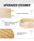 Real Deal 10 Inch Bamboo Steamer Basket Set With Dome Lid showing convenient side handles and reinforced aluminum edge.