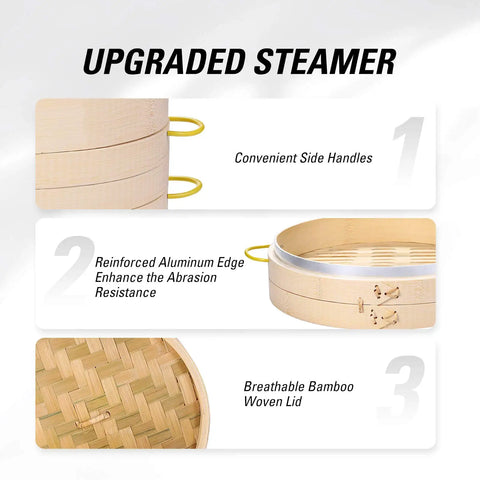 Real Deal 10 Inch Bamboo Steamer Basket Set With Dome Lid showing convenient side handles and reinforced aluminum edge.