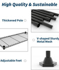 Heavy Duty Metal Shelving Rack With Five Layers And Mega Capacity To Store Kitchen Gear Power Tools And Pantry Supplies Without Breaking A Sweat 59 Inches Wide, showing thickened poles and adjustable feet.