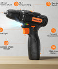 12V Cordless Drill Driver The Go Heavy Lifter With A Zippy 2.0Ah Battery And Lightning Quick Charger, showing variable speed trigger and LED light.