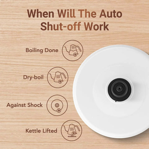 Diagram showing auto shut-off functions of Stainless Steel Gooseneck Electric Kettle for Pour Over Coffee, Fast 1000W Heating.