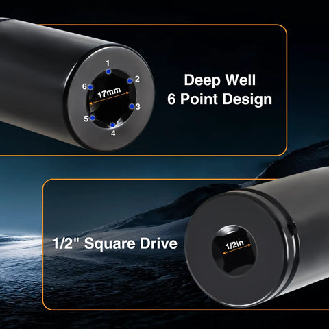 Close-up of 17mm 1/2 Inch Drive Harmonic Balancer Socket, deep well 6 point design, for crank bolts, alloy steel, shown with square drive.