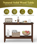 All Weather Patio Bar Table And Console With Two Shelves, 48 Inch Solid Wood Indoor Outdoor Multipurpose Buffet Storage Organizer, Espresso Finish, featured with various items placed on it