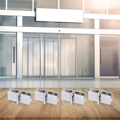Rock Solid Four Piece Shower Glass Door Hinges With 180 Degree Double Sided Clamp Fit 5mm To 8mm Glass displayed on wood floor.