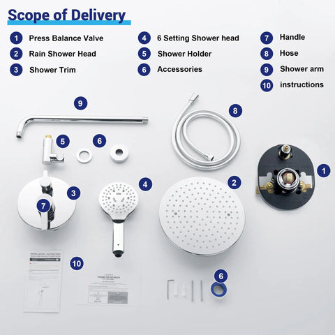 Wall Mounted Rainfall Shower System With 10 Inch High Pressure Head, Multifunction Handheld, Rough-In Valve And Trim Kit components
