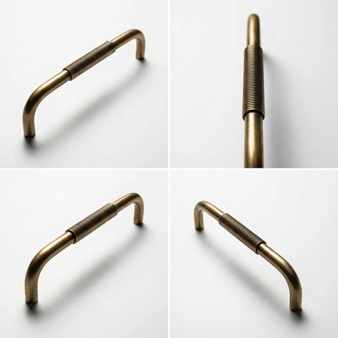 Solid Brass Cabinet Handle With Coiled Wire Grip, Vintage Industrial Style, Antique Brass Finish, Handcrafted Hardware, 40 Cm Tall