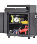 Premium Black Steel Storage Cabinet With Locking Top Drawer And Adjustable Shelf Real Deal For Garage Tools And Workshop Gear built tough with tools inside.