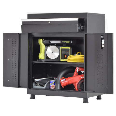 Premium Black Steel Storage Cabinet With Locking Top Drawer And Adjustable Shelf Real Deal For Garage Tools And Workshop Gear built tough with tools inside.