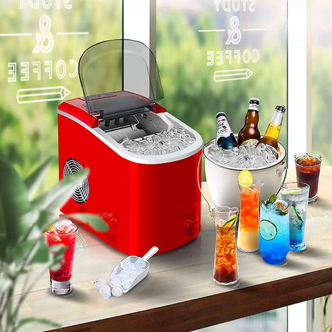Fast Freeze Countertop Ice Maker Produces Nine Fresh Cubes In Eight Minutes with drinks and ice bucket on a table.