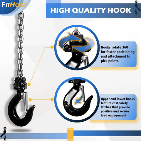 Close-up of hooks on Beefy Mini Chain Hoist 1/4 Ton Rated 550 Lb 5 Ft Lift Manual Lever Hoist With Alloy Steel G80 Chain And 2 Hooks