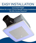 Super Quiet Bathroom Ventilation Fan With 110 Cfm Airflow And Vibrant Led Lighting, showing easy installation features and LED glow.