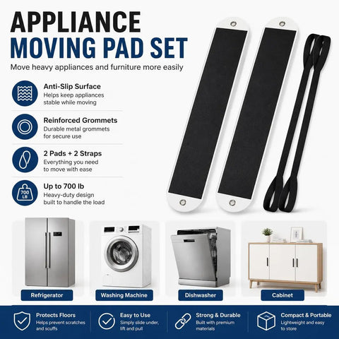 Heavy Duty Furniture Sliders 2 Pack 4 Foot Mover Mats Budge Heavy Appliances Smooth Slide Tech kit with black anti-slip pads and straps.