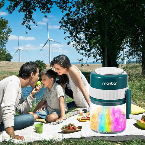 Family enjoying picnic with Portable Ice Shaver And Snow Cone Machine With Free Ice Cube Trays, Quick Ice Crusher nearby