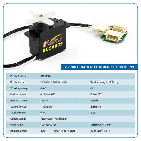 Pro Grade High Torque Micro Servo Kit 2.3Kg Metal Gear 300 Degree Encoder TTL RS485 Serial Bus with SCS009 servo displayed.