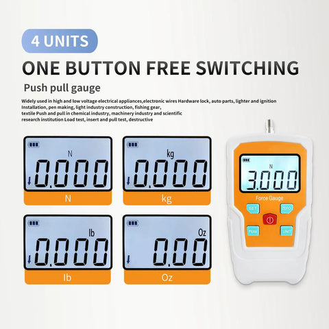 Tough As Nails Digital Force Gauge And Push Pull Dynamometer Featuring Knockout Precision Readout showing four unit measurements.