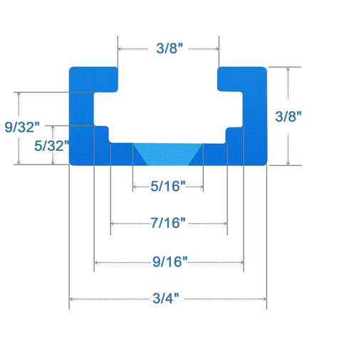 Solid As A Rock Blue Anodized Aluminum T Track Bundle With Wood Screws 48 Inches By Three Quarters Wide section view with dimensions