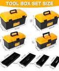 Stackable Tool Box Set Built Tough Plastic Organizer Boxes With Removable Trays For Screws, Parts And Tools, four sizes shown