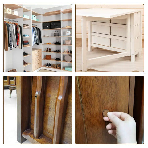 Fifty Four Pack 21 Mm Self Adhesive Screw Hole Covers White Pvc Dustproof Caps For Wood Furniture Cabinet And Wardrobe Quick Slap On Fix For A Dope Game Changing Home Decor Touch, shown in use on furniture.