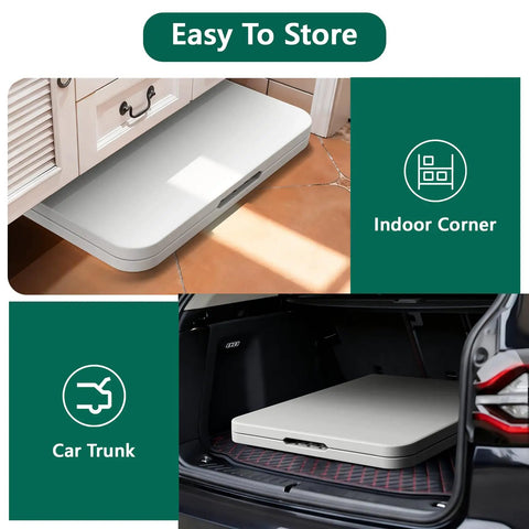Six Foot Folding Table Portable Picnic Table for indoor storage in corner and car trunk, folded for easy transport.