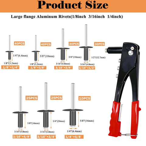 Heavy Duty Pop Rivet Gun Coupled With A Game Changing Assortment Kit, Featuring Rugged Black Rivets in various sizes displayed.