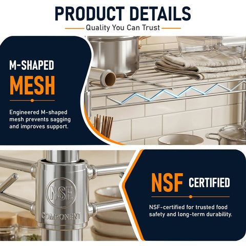 Solid As A Rock Five Tier Wire Shelving In Chrome Finish Hella Roomy Storage Rack With 1250 Pound Load Zero Hassle Pantry Organizer showing M-shaped mesh design and NSF certification.