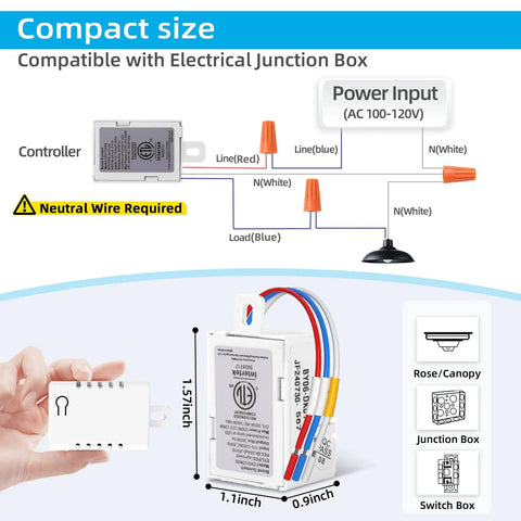 Diagram of Wireless Dimmer Switch Kit With Remote Receiver For Alexa Voice Control, showing wiring and dimensions for easy setup.